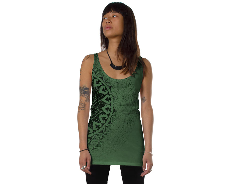 women tank top in green with a flower of life print 